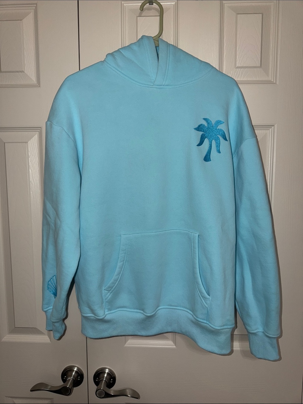 Light Blue Palm-Embroidered Pullover Hoodie